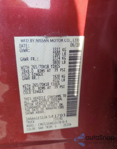 2018 Nissan Titan Sv из США, поврежденный, VIN 1N6AA1E51JN541703